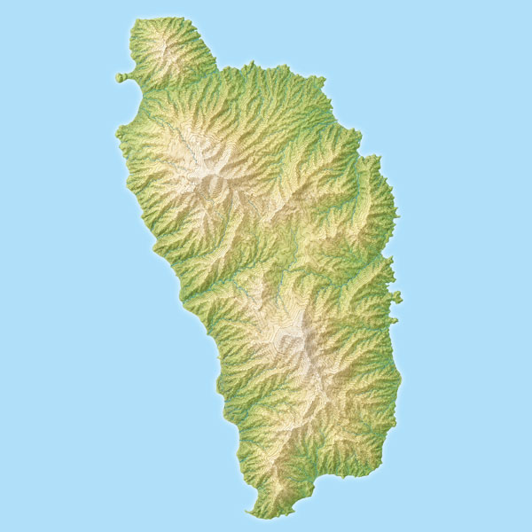 Stylised shaded-relief map of Dominica showing forested interior ridges and coastal settlements, Dominica.